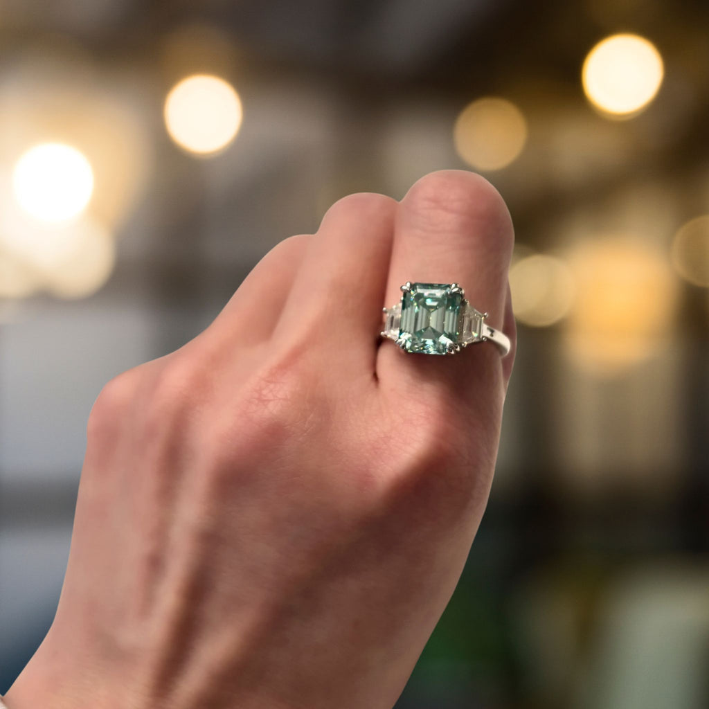 ÉCLATINE Color Gem | Cyan Emerald-Cut Moissanite Ring — 4.0ct (8×10mm)