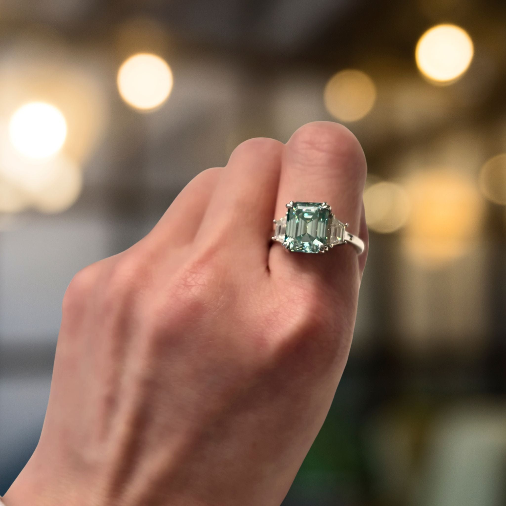 ÉCLATINE Color Gem | Cyan Emerald-Cut Moissanite Ring — 4.0ct (8×10mm)