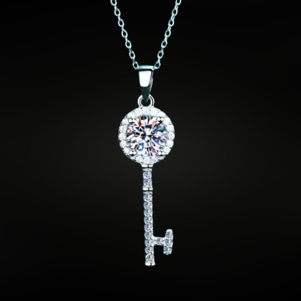 N-S103 | 925 Sterling Silver White Gold Plated 1ct Moissanite Key Pendant Necklace