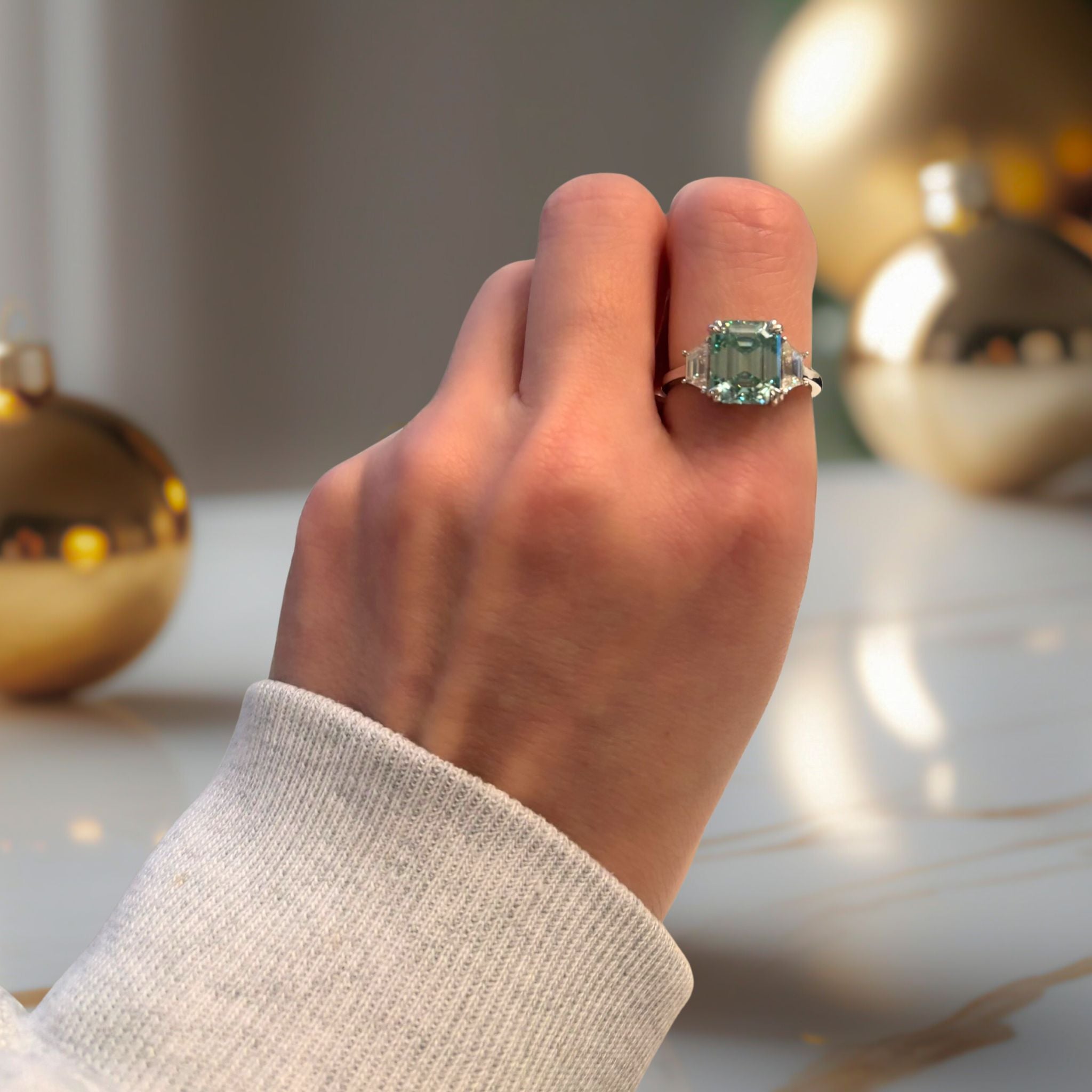 ÉCLATINE Color Gem | Cyan Emerald-Cut Moissanite Ring — 4.0ct (8×10mm)