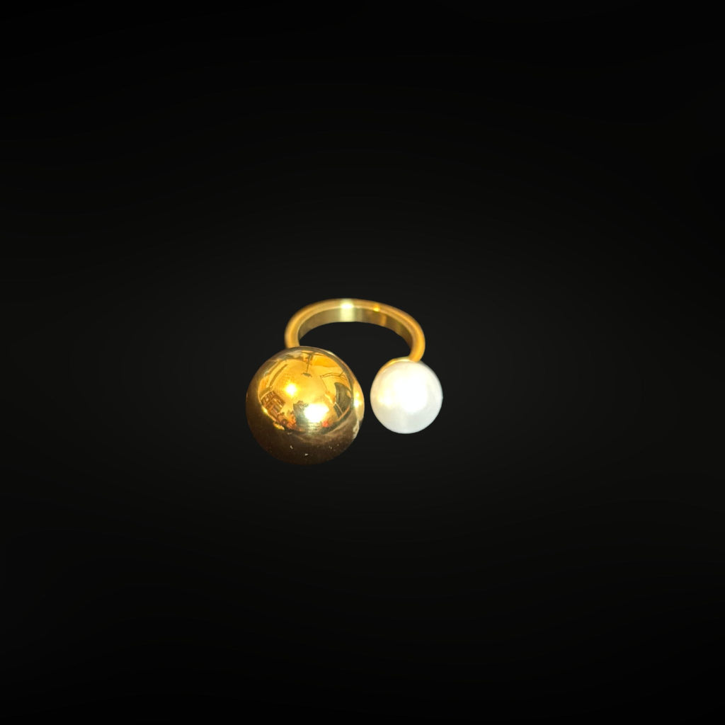 ÉCLATINE 18K Gold Plated Open Ring – Gold Ball & Pearl Duo