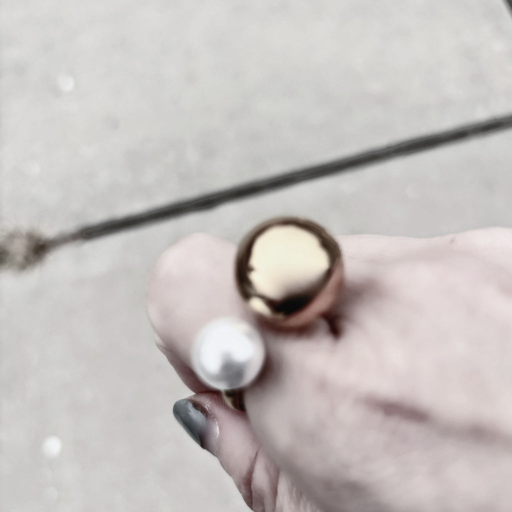 ÉCLATINE 18K Gold Plated Open Ring – Gold Ball & Pearl Duo