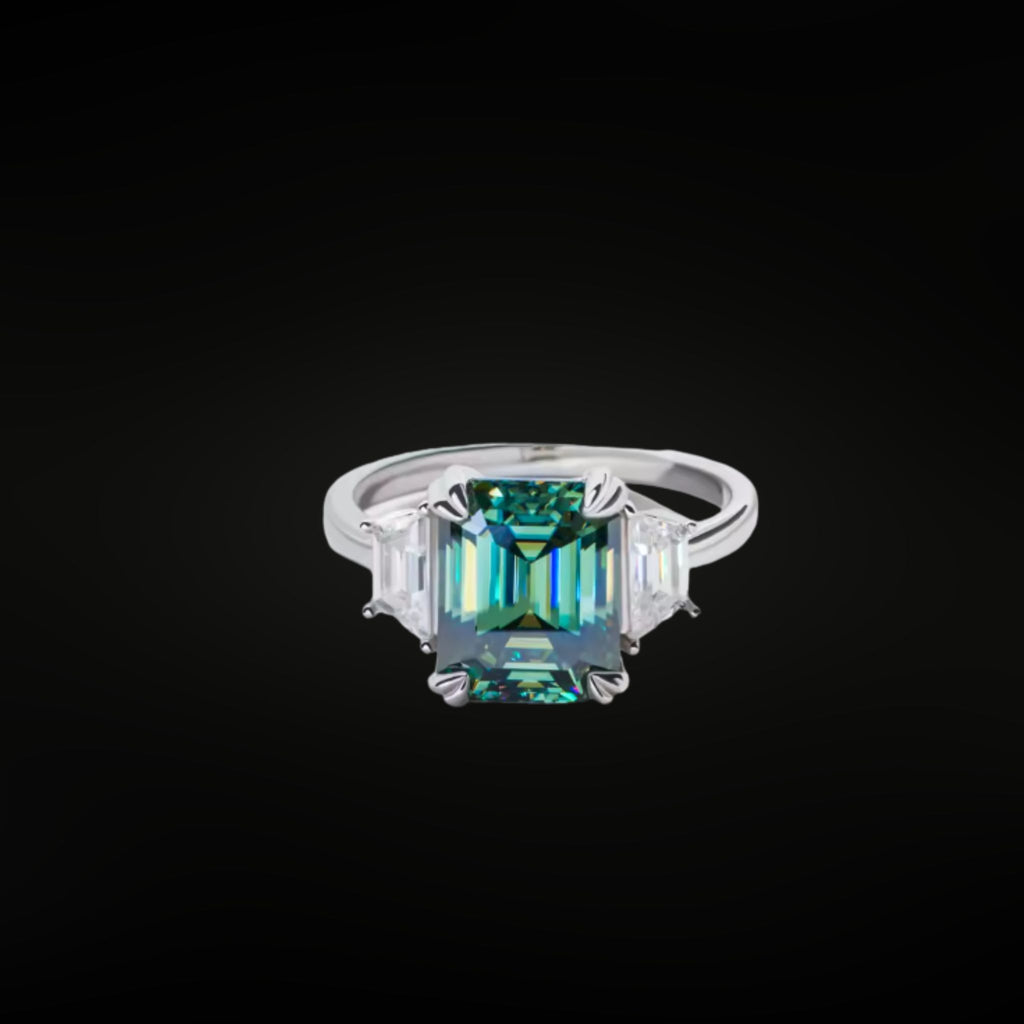 ÉCLATINE Color Gem | Cyan Emerald-Cut Moissanite Ring — 4.0ct (8×10mm)