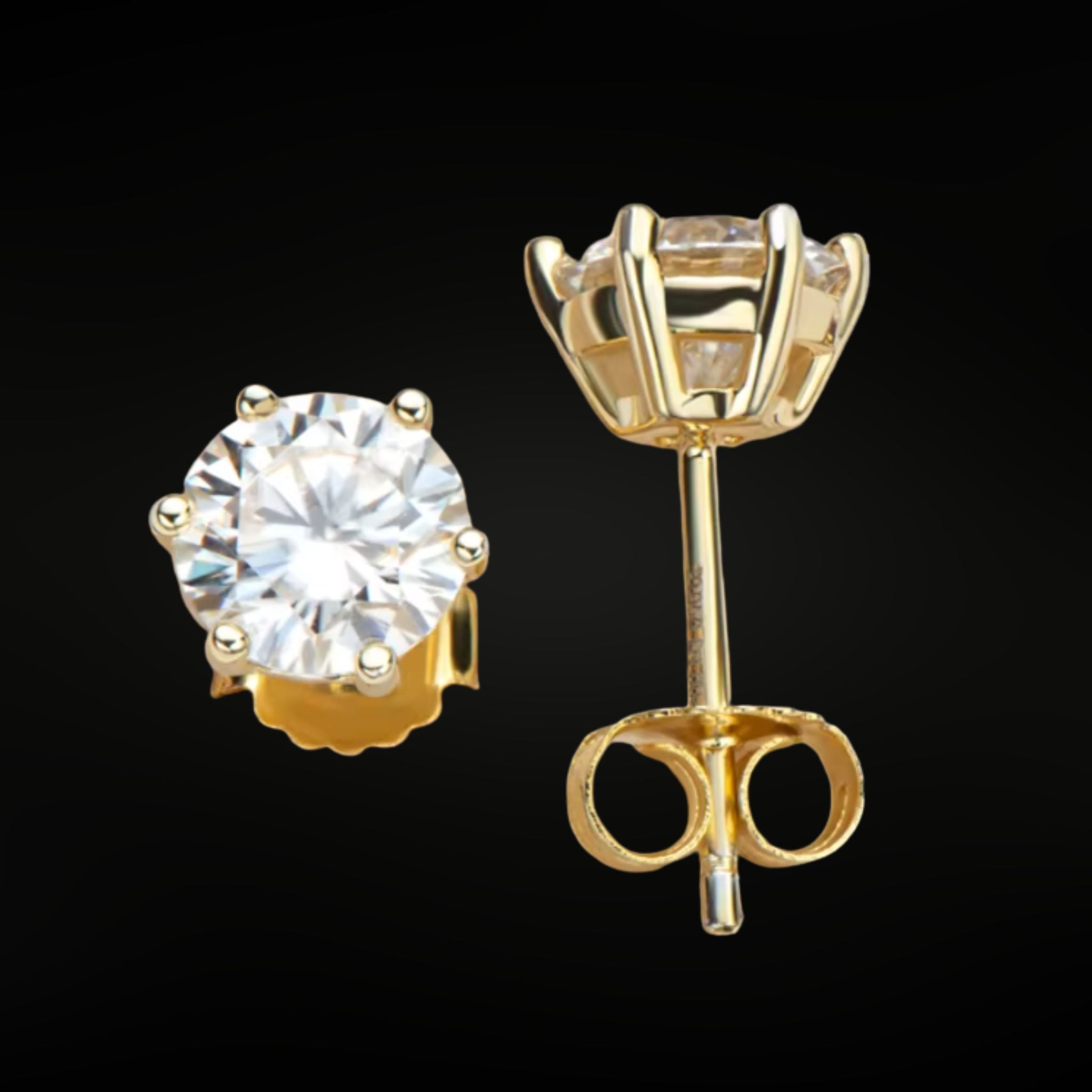 ÉCLATINE Classic 6-Prong Moissanite Stud Earrings (1ct / 2ct / 3ct Each · Yellow Gold & Rhodium Plated)