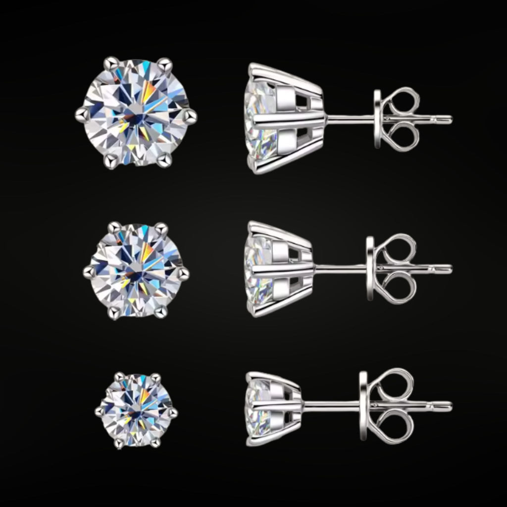ÉCLATINE Classic 6-Prong Moissanite Stud Earrings (1ct / 2ct / 3ct Each · Yellow Gold & Rhodium Plated)