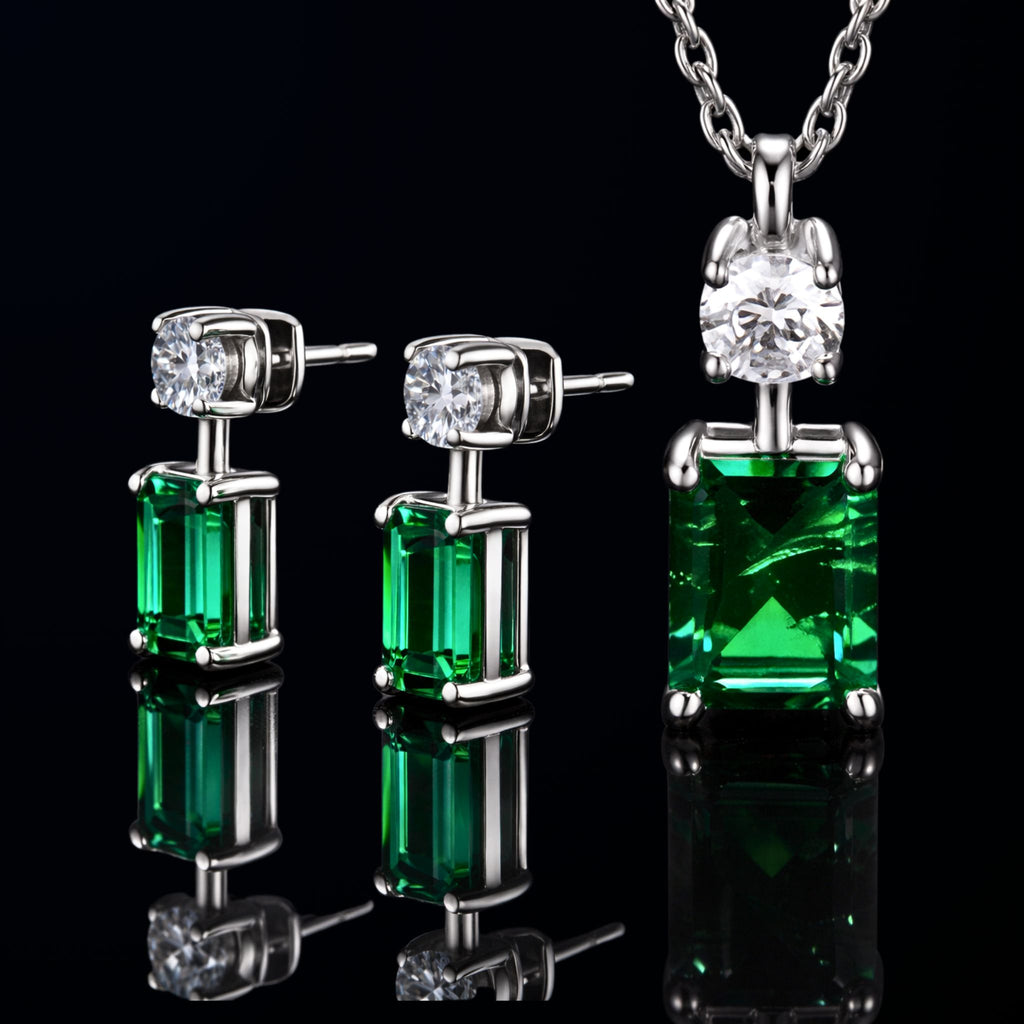 ✦ÉCLATINE Made |Emerald-Cut Lab Emerald Necklace & Earring Set