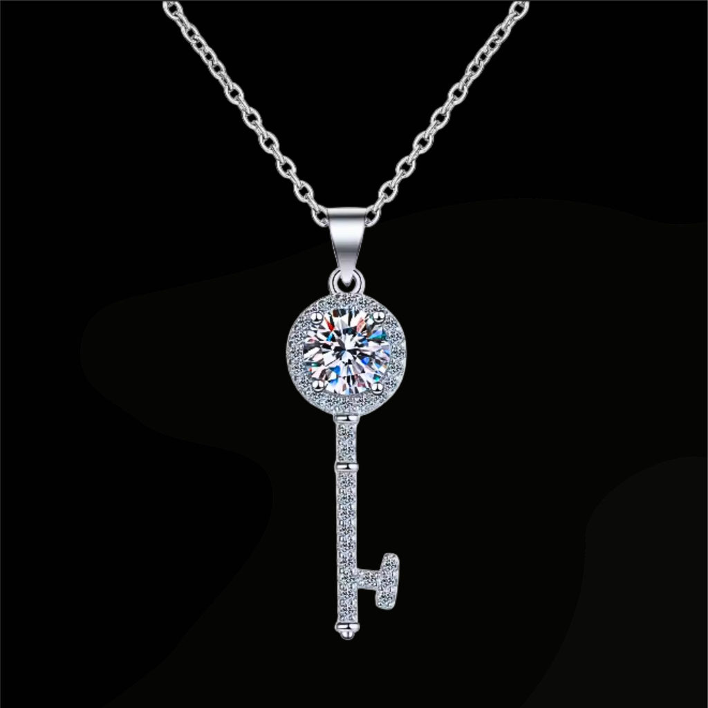N-S103 | 925 Sterling Silver White Gold Plated 1ct Moissanite Key Pendant Necklace