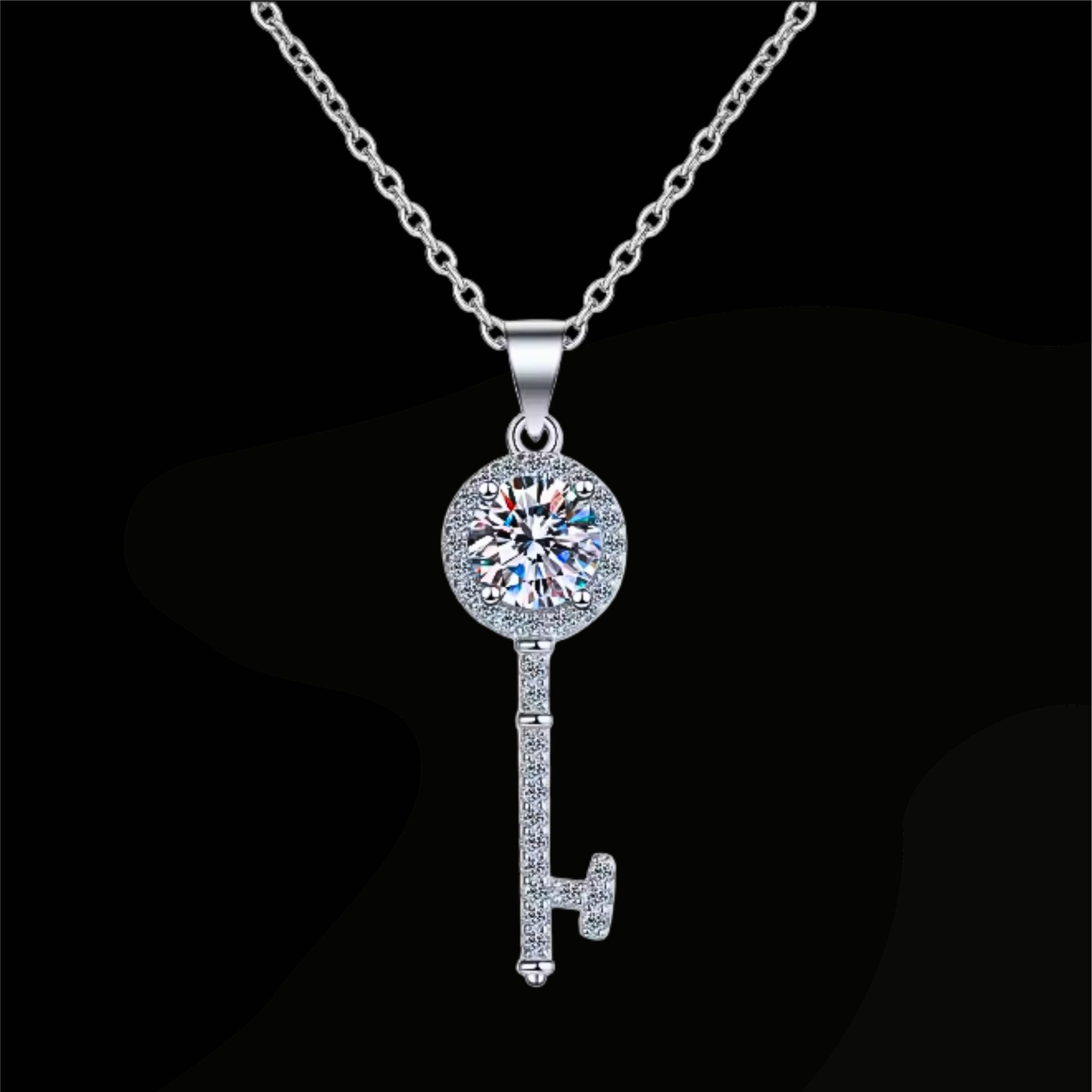 N-S103 | 925 Sterling Silver White Gold Plated 1ct Moissanite Key Pendant Necklace