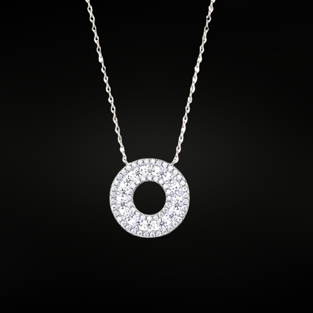 Moissanite open circle pendant necklace in white-gold-plated sterling silver