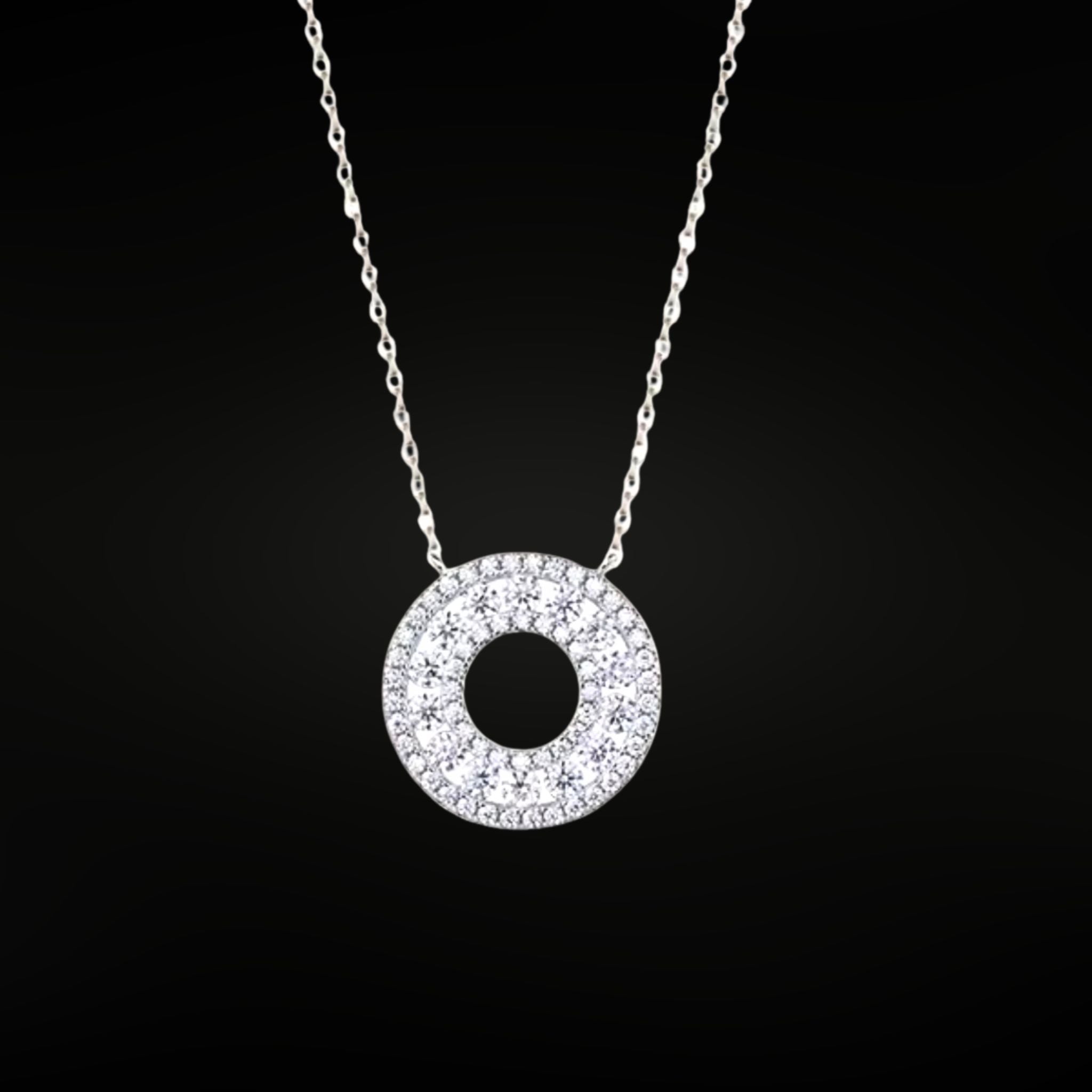 Moissanite open circle pendant necklace in white-gold-plated sterling silver