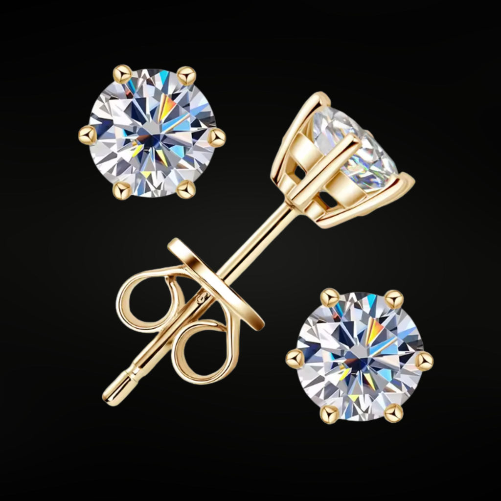 ÉCLATINE Classic 6-Prong Moissanite Stud Earrings (1ct / 2ct / 3ct Each · Yellow Gold & Rhodium Plated)