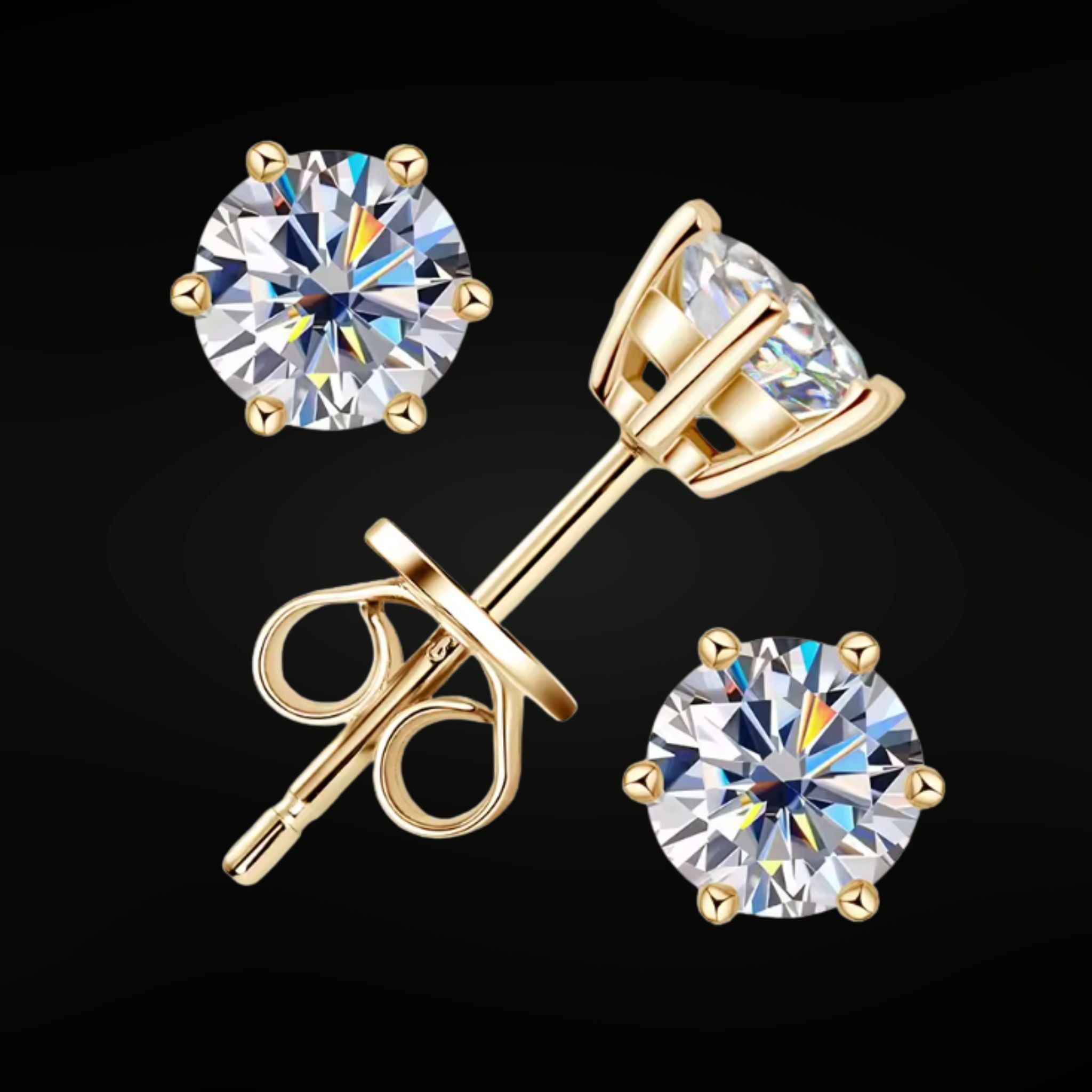 ÉCLATINE Classic 6-Prong Moissanite Stud Earrings (1ct / 2ct / 3ct Each · Yellow Gold & Rhodium Plated)