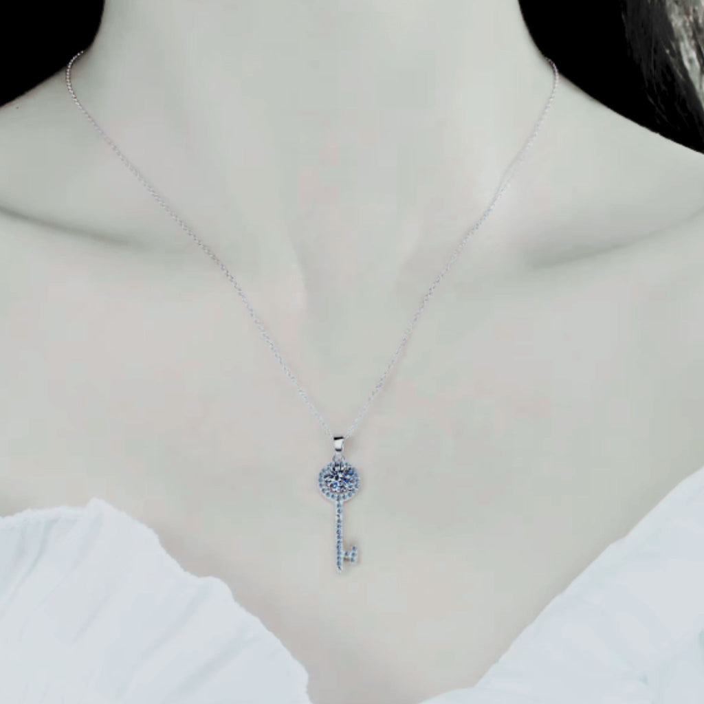 N-S103 | 925 Sterling Silver White Gold Plated 1ct Moissanite Key Pendant Necklace